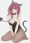  1girl 1other :d absurdres animal_ears bare_arms bare_shoulders black_choker black_leotard cat_ears cat_tail choker commentary_request fake_animal_ears fake_tail grey_background heart highres honkai:_star_rail honkai_(series) kafka_(honkai:_star_rail) leash leotard long_hair looking_at_viewer no_shoes open_mouth pantyhose purple_eyes purple_hair simple_background smile solo_focus strapless strapless_leotard tail thighs wawamachi_(wawamachis) 