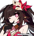  1girl 2024 :q absurdres artist_name bare_shoulders bell black_choker black_gloves bow brown_hair choker closed_mouth criss-cross_halter dress finger_to_mouth flower-shaped_pupils fox_mask gloves hair_bow hair_intakes halterneck highres honkai:_star_rail honkai_(series) index_finger_raised long_hair looking_at_viewer mask mask_on_head meadow_(morphinecaca) neck_bell o-ring one_eye_closed pink_eyes red_bow red_dress simple_background smile solo sparkle_(honkai:_star_rail) symbol-shaped_pupils tongue tongue_out twintails white_background 