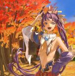  1girl arm_at_side armor asymmetrical_sleeves autumn_leaves blue_eyes blue_sky blunt_bangs blurry breast_curtain breasts commentary depth_of_field detached_sleeves facing_viewer fate/grand_order fate_(series) feather_hair_ornament feathers gold_trim hair_ornament hand_up hat highres holding holding_sword holding_weapon japanese_armor kusazuri long_hair looking_to_the_side mismatched_sleeves navel open_mouth outdoors parted_bangs purple_hair purple_sleeves revealing_clothes sheath sheathed shoulder_armor side_ponytail single_bare_shoulder single_sode sky small_breasts sode solo sword tate_eboshi teeth tree upper_body ushiwakamaru_(fate) weapon white_sleeves zuraa_(naunau_seijin) 