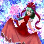  1girl arm_ribbon bow character_name dress frilled_bow frilled_dress frilled_ribbon frills front_ponytail green_eyes green_hair hair_bow hair_ribbon highres hits_(hitstts) kagiyama_hina lifted_by_self puffy_short_sleeves puffy_sleeves red_bow red_dress red_ribbon ribbon short_sleeves solo touhou 