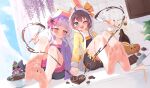  2girls absurdres animal_ears aqua_eyes barefoot black_dress blunt_bangs brown_hair cabinet candy chocolate coat counter double-parted_bangs dress fake_animal_ears feet flat_chest food foot_focus grey_hair heart heart-shaped_chocolate highres holding holding_spatula holding_whisk hololive hood hooded_coat knife long_hair mascot matsurisu medium_hair multiple_girls murasaki_shion natsuiro_matsuri purple_shirt rabbit_ears shiokko_(murasaki_shion) shirt sidelocks sitting soles spatula virtual_youtuber whisk window yellow_coat yellow_eyes yoshie_eneko 