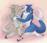 abstract_background claws collar dragonasis duo eyes_closed french_kissing kissing kneeling open_mouth sergal tail tail_tuft tongue tuft