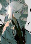  1boy black_kimono bleach calligraphy calligraphy_brush calligraphy_paper frown green_eyes highres japanese_clothes jou_(jo_jjo) kimono long_hair looking_down paintbrush simple_background solo straight_hair ukitake_juushirou white_background white_hair white_haori 