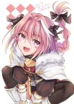  1boy argyle_background arm_support arms_between_legs artist_name astolfo_(fate) black_bow black_shirt black_thighhighs blush_stickers boots bow braid cape dated fang fate/apocrypha fate/grand_order fate_(series) fur-trimmed_cape fur_trim hair_bow hair_intakes kevn long_braid male_focus multicolored_hair open_mouth otoko_no_ko pink_hair purple_eyes shirt signature simple_background single_braid sitting skin_fang skirt smile solo streaked_hair thighhighs two-tone_hair white_background white_cape white_footwear white_hair 
