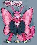 antennae_(anatomy) anthro arthropod blush bodily_fluids breasts clothing female genital_fluids hi_res insect leggings legwear lepidopteran moth open_mouth peeing peeing_through_clothing pink_body prince-vulpine simple_background smile solo tail urine urine_stream watersports wetting wings