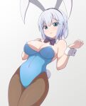  1girl animal_ears aqua_eyes bang_dream! bare_shoulders black_bow black_bowtie black_hairband blue_leotard bow bowtie breasts brown_pantyhose cleavage covered_navel cowboy_shot detached_collar dutch_angle fake_animal_ears fake_tail gradient_background grey_background grey_hair groin hair_between_eyes hairband hand_on_own_chest hands_up highres kurata_mashiro large_breasts leotard looking_at_viewer medium_hair pantyhose parted_lips playboy_bunny rabbit_ears rabbit_tail raised_eyebrows ren_0_(044ren) solo standing strapless strapless_leotard tail wrist_cuffs 