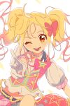  1girl :d aikatsu!_(series) aikatsu_stars! blonde_hair bow dot_nose floating_hair gloves gradient_hair hair_bow hashtag_only_commentary highres idol leg_up looking_at_viewer medium_hair midriff multicolored_hair nijino_yume one_eye_closed open_mouth orange_eyes pink_bow pink_hair pointing pointing_at_viewer semham shirt short_sleeves sidelocks simple_background skirt smile solo twintails two-tone_hair white_background white_shirt 