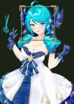  1girl absurdres ahoge black_background black_bow black_gloves blue_eyes blue_hair bow breasts collarbone commentary dress drill_hair gloves gwen_(league_of_legends) hair_ornament hand_up highres league_of_legends puffy_sleeves scissors simple_background solo stella_splitter tagme 