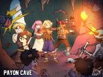  1girl 6+boys acolyte_(ragnarok_online) archer_(ragnarok_online) arrow_(projectile) bat_(animal) belt black_hair black_lunette blonde_hair blue_eyes boots bow_(weapon) brown_belt brown_footwear brown_gloves brown_jacket brown_pants brown_shirt brown_shorts capelet cave cave_interior commentary dagger english_commentary familiar_(ragnarok_online) fire full_body gloves green_eyes grin holding holding_bow_(weapon) holding_dagger holding_knife holding_sword holding_weapon in-universe_location jacket knife location_name long_sleeves looking_at_another medium_bangs multiple_boys muneate mushroom one_eye_closed open_mouth pants pink_eyes pink_hair purple_shorts ragnarok_online red_hair shirt shoes short_hair shorts shrug_(clothing) skeleton skeleton_(ragnarok_online) skirt smile stalactite standing sword swordsman_(ragnarok_online) thief_(ragnarok_online) undead v-shaped_eyebrows weapon white_capelet white_skirt zombie zombie_(ragnarok_online) 