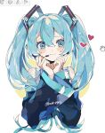  1girl :3 art_program_in_frame bare_shoulders black_sleeves blue_eyes blue_hair blush closed_mouth commentary cropped_torso cursor detached_sleeves frilled_shirt frills hair_between_eyes hands_on_own_cheeks hands_on_own_face hatsune_miku headset heart highres kawasaki_(kwsk_8765) long_hair long_sleeves looking_at_viewer microphone shirt sleeveless sleeveless_shirt smile solo straight-on twintails twitter_username vocaloid white_shirt 