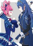  1boy 2girls ? ameno_(a_meno0) armor black_sweater blue_cape blue_dress blue_eyes blue_gloves blue_hair brown_eyes cape chibi chrom_(fire_emblem) dress father_and_daughter fingerless_gloves fire_emblem fire_emblem_awakening fire_emblem_engage fire_emblem_heroes from_side fur-trimmed_sleeves fur_trim gloves heart hortensia_(fire_emblem) juliet_sleeves long_hair long_sleeves looking_at_another lucina_(fire_emblem) multicolored_hair multiple_girls pauldrons pink_hair profile puffy_sleeves ribbed_sweater shoulder_armor sweater tiara two-tone_hair white_hair 
