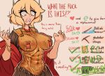  abs armor arms_up blonde_hair breastplate breasts cape centurii-chan centurii-chan_(artist) greco-roman_clothes hair_between_eyes heart highres large_breasts looking_down medium_hair meme original parted_bangs red_cape roman_clothes simple_background sweat teeth twitter_strip_game_(meme) upper_teeth_only 
