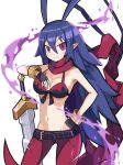  1girl antenna_hair bare_shoulders belt bikini bikini_top_only black_gloves blue_hair bracelet breasts closed_mouth demon_girl disgaea disgaea_d2 fingerless_gloves genderswap genderswap_(mtf) gloves groin hair_between_eyes highres jewelry laharl laharl-chan long_hair looking_at_viewer navel pants pointy_ears red_eyes red_pants red_scarf scarf simple_background smile solo spiked_hair suaman swimsuit sword very_long_hair weapon white_background 