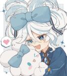  1girl animal_hug blue_bow blue_eyes blue_hair blue_jacket border bow brooch cinnamiku_hairstyle cinnamoroll colored_inner_hair furina_(genshin_impact) grey_background grid_background hair_between_eyes hair_bow heart heterochromia highres jacket jewelry long_sleeves looking_at_viewer multicolored_hair orokana portrait rabbit sanrio short_hair sidelocks simple_background solo sparkle updo white_border white_hair 