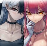  2girls aru_(blue_archive) aru_(dress)_(blue_archive) black_hair blue_archive blush breasts choker collarbone commentary_request earrings finger_to_cheek gloves hair_between_eyes highres jewelry kayoko_(blue_archive) kayoko_(dress)_(blue_archive) large_breasts long_hair looking_at_viewer mole mole_on_neck multiple_earrings multiple_girls necklace official_alternate_costume open_mouth red_eyes red_hair shiny_skin small_breasts smile upper_body walzrj white_hair 