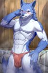 2023 abs absurd_res anthro artist_name asian_clothing ball_bulge balls barely_visible_balls barely_visible_genitalia blue_body blue_eyes blue_fur blush bulge canid canine canis claws clothed clothing dated digital_media_(artwork) dripping_wet east_asian_clothing fangs fluffy fluffy_tail fundoshi fundoshi_only fur genitals hand_behind_head hi_res hot_spring ivan-jhang japanese_clothing male male_anthro mammal open_mouth pecs red_clothing red_fundoshi red_underwear sheath_bulge solo standing tail teeth teeth_showing topless underwear underwear_only wall_(structure) water wet wet_body white_body white_fur wolf wood wood_wall