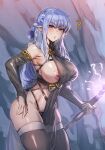  1girl ? black_sleeves black_thighhighs blue_hair bow_(bhp) breasts bridal_gauntlets commentary_request copyright_request detached_sleeves holding holding_staff large_breasts long_hair looking_at_viewer nipples pelvic_curtain pointy_ears purple_eyes solo staff thighhighs 