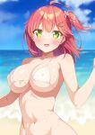  1girl ahoge beach bikini blue_sky blurry blurry_background breasts cloud covered_nipples day green_eyes hair_ornament highres hololive kazuma_(kazumav) large_breasts looking_at_viewer navel ocean open_mouth outdoors pink_hair sakura_miko short_hair sky solo swimsuit virtual_youtuber wet white_bikini 