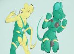 accessory anthro azzybunn balls bulge butt ear_piercing genitals goo_transformation green_body kneeling latex looking_down male mammal mouse murid murine piercing quitela rear_view rodent simple_background slime solo tail transformation yellow_body