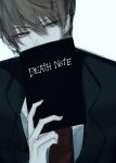 1boy absurdres book brown_eyes brown_hair copyright_name death_note death_note_(object) english_text falsa_azu hair_between_eyes half-closed_eyes head_tilt highres holding holding_book looking_at_viewer male_focus pale_skin short_hair simple_background sketch solo upper_body white_background yagami_light 