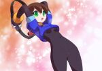  1girl aile_(mega_man_zx) armor arms_behind_head black_bodysuit blue_jacket bodysuit bodysuit_under_clothes bottomless brown_hair commentary_request covered_navel cropped_jacket green_eyes jacket joy-con kaidou_zx mega_man_(series) mega_man_zx ring_fit_adventure robot_ears short_hair solo sweat variant_set 