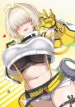  1girl :3 ahoge aoi_manabu bfg_9000 black_sports_bra blonde_hair blush breasts clothing_cutout cowboy_shot crop_top crop_top_overhang cropped_sweater dutch_angle elegg_(nikke) exposed_pocket fang from_below gloves goddess_of_victory:_nikke grey_shorts hair_intakes hair_over_eyes hands_up heart heart_ahoge huge_breasts impossible_clothes long_bangs long_sleeves medium_hair midriff multicolored_clothes multicolored_gloves multicolored_hair navel open_mouth plump shorts shoulder_cutout simple_background smile solo sports_bra suspender_shorts suspenders thigh_strap thighs two-tone_hair 