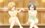  2girls ahoge atelier_z44 black_hair blonde_hair blush breasts cleavage collarbone crossed_legs hair_ornament highres hikigaya_komachi isshiki_iroha looking_at_another medium_hair multiple_girls naked_towel open_mouth pointing pointing_at_another purple_eyes sauna sitting thighs towel x_hair_ornament yahari_ore_no_seishun_lovecome_wa_machigatteiru. yellow_eyes 