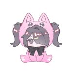  1girl ame-chan_(needy_girl_overdose) animal_costume animal_hood black_hair black_ribbon cat_costume cat_hood chibi cosplay emoji hair_ornament hair_over_one_eye hood hood_up long_hair looking_at_viewer mew_(mewrurirun) neck_ribbon needy_girl_overdose pien_cat_(needy_girl_overdose) pien_cat_(needy_girl_overdose)_(cosplay) pleading_face_emoji ribbon simple_background sitting solo twintails white_background x_hair_ornament 