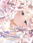  1girl cherry_blossoms commentary_request dangle_earrings dappled_sunlight dress earrings frieren green_eyes highres jewelry long_hair looking_at_viewer omichi_1219 parted_bangs petals portrait short_eyebrows sideways smile solo sousou_no_frieren sunlight thick_eyebrows twintails white_dress white_hair 