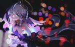  1girl bare_shoulders blue_eyes blue_hair blurry bokeh breasts closed_mouth depth_of_field detached_sleeves elbow_gloves floating_hair from_side gloves hair_between_eyes halo head_wings highres honkai:_star_rail honkai_(series) long_hair looking_at_viewer medium_breasts purple_eyes robin_(honkai:_star_rail) ryrmcher short_sleeves smile solo upper_body very_long_hair watermark white_gloves wings 