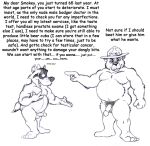 angry anthro badger bear biped black_and_white brucebadger character_name clothing comic_sans duo english_text fist flirting genitals gesture hand_gesture hat hat_only headgear headgear_only headwear headwear_only humanoid_genitalia humanoid_penis male male/male mammal monochrome mostly_nude musclegut muscular muscular_male mustelid musteline nude overweight overweight_male palm_up penis pointing simple_background sketch smokey_bear text united_states_forest_service wall_of_text white_background