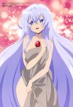  1girl absurdres bare_shoulders bed_sheet blue_eyes blue_hair chest_jewel copyright_name covering_privates feet_out_of_frame gem groin hair_between_eyes highres light_blush long_bangs long_hair looking_afar megami_magazine no_bra no_panties no_pants nude_cover official_art open_mouth red_gemstone saikyou_tank_no_meikyuu_kouryaku_~tairyoku_9999_no_rare_skill-mochi_tank_yuusha_party_wo_tsuihou_sareru~ shy solo thick_eyelashes very_long_hair 