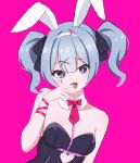  1girl :d absurdres animal_ears bare_shoulders black_leotard black_ribbon blue_eyes blue_hair blush bow bowtie breasts clothing_cutout davidsuzu detached_collar fake_animal_ears hair_ribbon hand_on_own_face hatsune_miku highres leotard medium_breasts open_mouth pink_background playboy_bunny rabbit_ears rabbit_hole_(vocaloid) red_bow red_bowtie ribbon short_hair short_twintails sidelocks simple_background smile solo stomach_cutout teardrop_facial_mark twintails vocaloid 