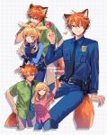  2boys animal_ears blonde_hair blue_eyes carrot cosplay fox_boy fox_ears fox_tail genshin_impact green_shirt highres judy_hopps judy_hopps_(cosplay) long_hair long_sleeves lumine_(genshin_impact) multiple_boys necktie nick_wilde nick_wilde_(cosplay) open_mouth orange_hair pink_shirt police police_uniform rabbit_ears sakura_0270 shirt short_hair smile tail tartaglia_(genshin_impact) teeth uniform yellow_eyes zootopia 