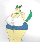 big_breasts bottomwear breasts cleavage clothed clothing commanderleft eeveelution fur generation_4_pokemon huge_breasts leafeon nintendo overweight pokemon pokemon_(species) seth65 shirt shorts slightly_chubby tail thick_thighs topwear wide_hips yellow_body yellow_eyes yellow_fur