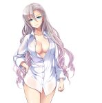  1girl asymmetrical_bangs blue_eyes breast_pocket breasts cleavage closed_mouth collarbone cowboy_shot freyja_(master_of_eternity) game_cg grey_hair hand_on_own_hip large_breasts lips long_hair looking_at_viewer master_of_eternity no_bra no_pants non-web_source official_art open_clothes open_shirt pajamas partially_unbuttoned pocket see-through see-through_sleeves shirt simple_background solo transparent_background very_long_hair white_pajamas white_shirt 