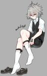  1boy ahoge ankle_strap black_footwear black_shorts black_vest buttons closed_mouth command_spell double-breasted dress_shirt fate/apocrypha fate_(series) full_body grey_background hair_between_eyes hair_intakes haoro invisible_chair leg_up male_focus red_eyes shirt shoes short_hair short_sleeves shorts sieg_(fate) signature sitting socks solo vest waistcoat white_shirt white_socks 