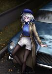  absurdres autumn autumn_leaves beret blue_car blue_eyes blue_hat car coat falling_leaves furina_(genshin_impact) genshin_impact hat highres leaf moovalandi motor_vehicle old_car pantyhose shorts smile top_hat white_hair white_shorts 