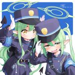  2girls belt black_belt black_hat black_jacket black_shorts black_skirt black_tail blue_archive buttons closed_mouth demon_tail dofus_(icyboon) double-breasted fang gloves green_hair green_halo hair_between_eyes halo hat highlander_sidelocks_conductor_(blue_archive) highlander_twintails_conductor_(blue_archive) jacket long_hair long_sleeves looking_at_viewer multiple_girls open_mouth peaked_cap pleated_skirt pointy_ears shorts sidelocks skirt smile tail twintails white_gloves yellow_eyes 