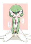  blush bob_cut can colored_skin dress gardevoir green_hair highres holding holding_can ino_(tellu0120) looking_at_viewer multicolored_skin on_floor open_mouth pink_background pink_eyes pokemon pokemon_(creature) simple_background sitting speech_bubble square strong_zero translation_request two-tone_skin white_dress white_skin 