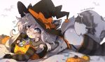 bat_(shape) blue_eyes blush breasts_press butt candy clothing dessert detatched_sleeves eyewear female feral food fruit fur garter_straps glasses grey_body grey_fur halloween hat headgear headwear holidays looking_at_viewer magic_user plant pumpkin smile solo tail typh witch witch_hat