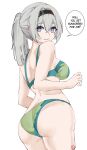  1girl absurdres ass bare_arms bare_shoulders bikini breasts commentary cowboy_shot firefly_(honkai:_star_rail) green_bikini grey_hair grin highres honkai:_star_rail honkai_(series) kagurachi long_hair looking_at_viewer medium_breasts ponytail purple_eyes sidelocks simple_background smile solo speech_bubble standing swimsuit thighs white_background 