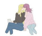  2girls black_shirt blonde_hair blue_pants blush brown_eyes candy coffee_mug commentary cup denim english_commentary food highres holding holding_candy holding_food jeans kaleido_star kiss layla_hamilton long_hair long_sleeves mug multiple_girls naegino_sora pants pink_sweater pocky purple_hair rekari_(rekari628) shirt simple_background sitting sleeves_past_wrists sweater white_background yuri 