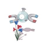  blue_flower commentary_request floating flower highres magnemite no_humans one-eyed pokemon pokemon_(creature) red_flower screw shadow simple_background suimin_ap_(aroniumu) white_background 