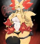 absurd_res anthro big_breasts bottomwear breasts canid canine clothed clothing collar delphox female fur generation_6_pokemon hair hi_res inner_ear_fluff legwear looking_at_viewer mammal nintendo pokemon pokemon_(species) red_body red_eyes red_fur simple_background solo standing stockings tail thick_thighs thigh_belt thigh_gap togetoge tuft white_body white_fur wide_hips yellow_body yellow_fur