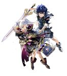  1boy 1girl aged_down black_coat black_gloves blue_eyes blue_hair braid chrom_(child)_(fire_emblem) chrom_(fire_emblem) clenched_teeth coat damaged fingerless_gloves fire_emblem fire_emblem_awakening fire_emblem_heroes gloves grey_eyes highres holding holding_sword holding_weapon non-web_source one_eye_closed open_mouth robin_(female)_(child)_(fire_emblem) robin_(female)_(fire_emblem) robin_(fire_emblem) sword teeth torn_clothes torn_coat twintails weapon white_hair 