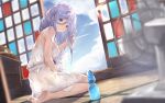  absurdres alternate_colored_grass barefoot blue_eyes blue_hair bottle cloud date_a_live dress electric_fan hand_in_own_hair highres indoors long_hair sliding_doors smile takamiya_mio water_bottle white_dress yu_pian 