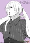  1boy adjusting_hair amakusa_juuza arms_up buttons character_name collared_shirt company_name copyright_name ffc greyscale_with_colored_background hair_over_one_eye hair_tie_in_mouth hand_in_own_hair hands_in_hair highres logo long_hair looking_at_viewer low_ponytail male_focus mouth_hold official_art pink_background pinstripe_pattern pinstripe_shirt ponytail shirt sidelocks signature simple_background sleeves_rolled_up solo tying_hair umineko_no_naku_koro_ni white_hair 