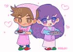  1boy 1girl apron aqua_mittens aqua_shirt artist_name asymmetrical_footwear baking_sheet bed_sheet blue_pants blush bright_pupils brown_eyes brown_hair buttons cardigan chibi chibi_only closed_mouth collared_shirt cookie dark-skinned_male dark_skin food frilled_apron frills full_body green_footwear hair_behind_ear hair_between_eyes heart hero_(faraway)_(omori) hero_(omori) holding holding_plate holding_sheet long_hair long_skirt long_sleeves looking_at_viewer mari_(faraway)_(omori) mari_(omori) maromichan mismatched_footwear mittens official_alternate_costume omori open_mouth pants pink_apron pink_skirt plate purple_cardigan purple_eyes purple_hair red_footwear shirt short_hair short_sleeves skirt slippers smile sparkle standing t-shirt tongue tongue_out white_background white_pupils white_shirt 