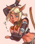  1girl animal_ears arm_up avatar_(ff11) bangs between_fingers black_gloves blonde_hair blue_eyes candy cat_ears cat_girl cat_tail chocolate dark-skinned_female dark_skin final_fantasy final_fantasy_xi fingerless_gloves food gloves heart heart-shaped_chocolate highres mithra_(ff11) navel no_eyebrows parted_bangs short_hair solo tail tail_raised yuccoshi 